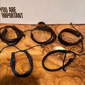 Set of 5 Leather Bracelets - Brown, blue and Black